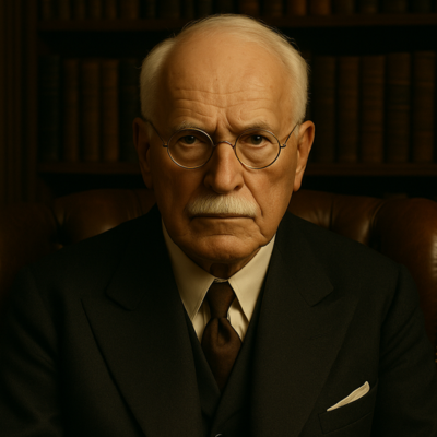 Retrato de Carl Gustav Jung sentado em uma poltrona de couro, com fundo de biblioteca — atmosfera simbólica e contemplativa.