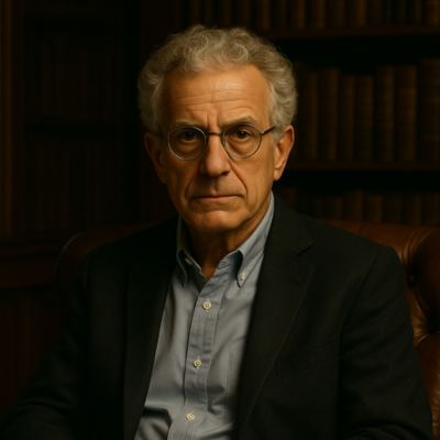 Retrato de Contardo Calligaris sentado em uma poltrona de couro, com fundo de biblioteca — atmosfera moderna e intelectual.
