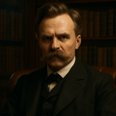 Retrato de Friedrich Nietzsche sentado em uma poltrona de couro, com fundo de biblioteca — atmosfera filosófica e contemplativa.