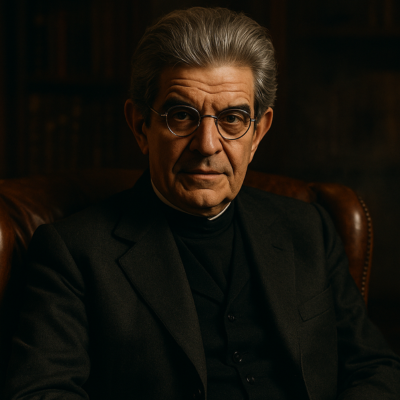 Imagem de Jacques Lacan sentado em uma poltrona de couro, com fundo de biblioteca — expressão enigmática e ambiente intelectual.