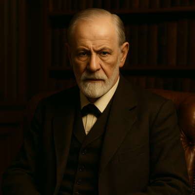 Retrato de Sigmund Freud sentado em uma poltrona de couro, com fundo de biblioteca — estilo clássico e intelectual.